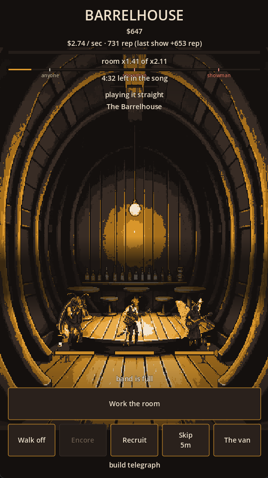 The barrelhouse stage: a four-piece band lit under a hanging bulb inside a barrel-shaped room, with the song bar and the tip and reputation counters above them.