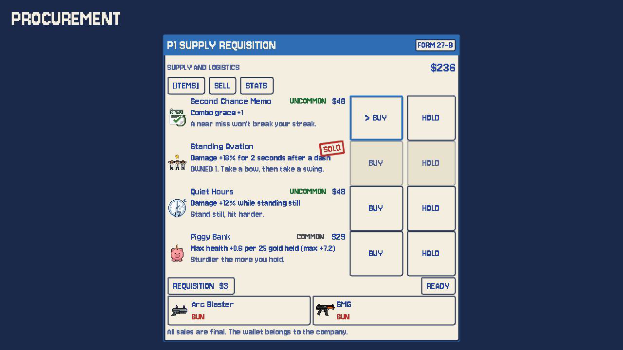 The Procurement shop between Arcade waves: a supply requisition form listing Second Chance Memo, Standing Ovation (sold), Quiet Hours and Piggy Bank, with 236 to spend.