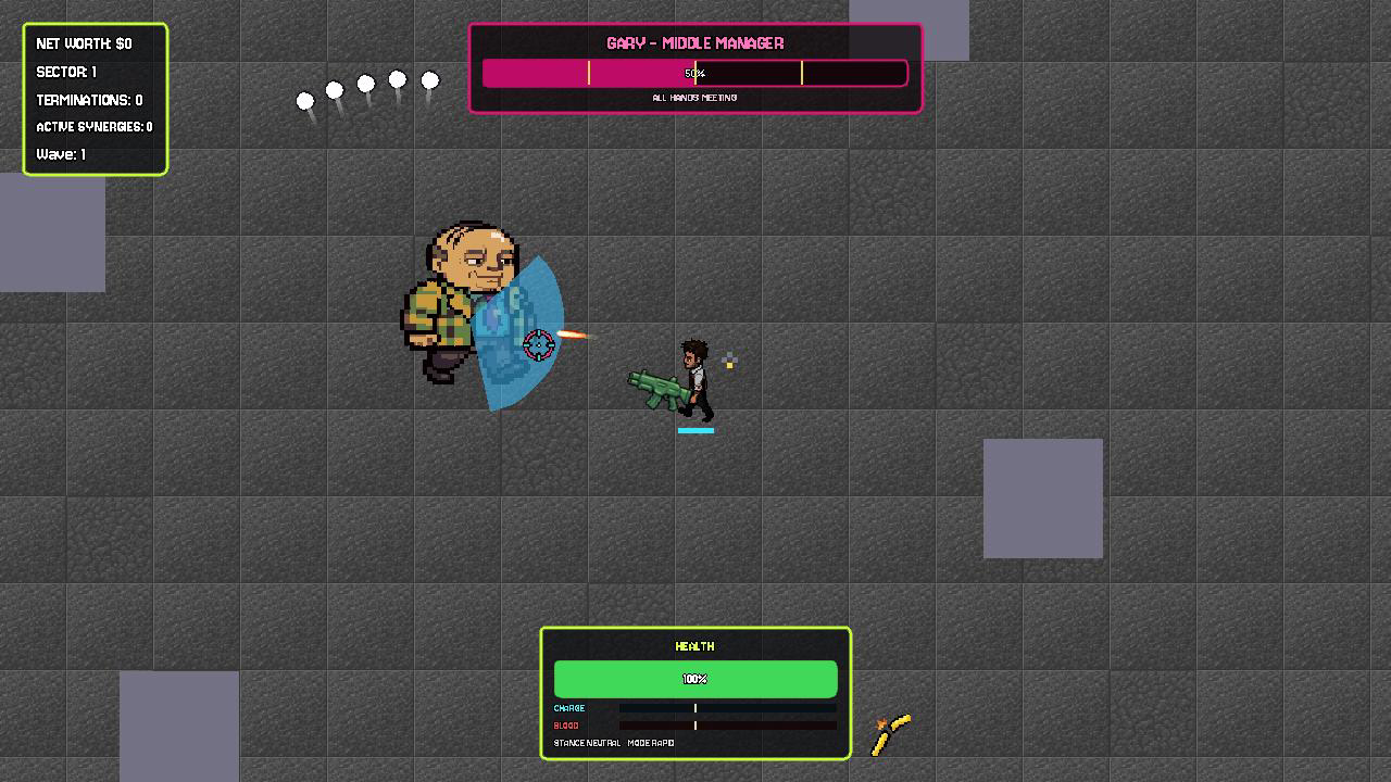 Gary, Middle Manager, a balding man in a plaid jacket, behind a blue shield in his first form, ALL HANDS MEETING, with the boss bar across the top and the player firing a green rifle.