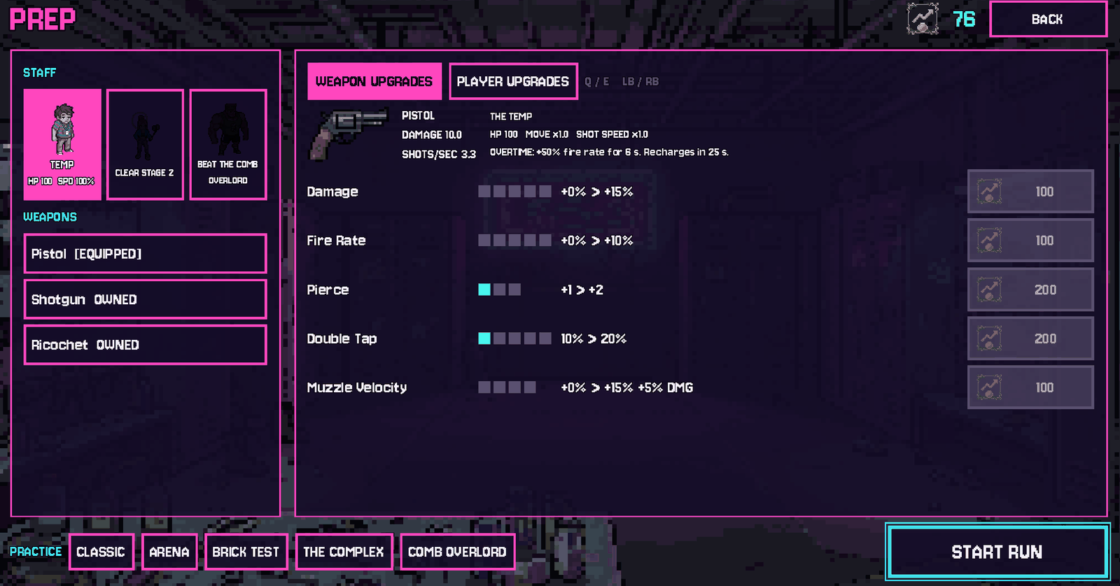 The Earfh prep screen. The Temp is selected in the staff panel, a locked character slot reads Beat the Comb Overlord, the pistol's upgrade tracks fill the right panel, and a practice row along the bottom includes a Comb Overlord option.
