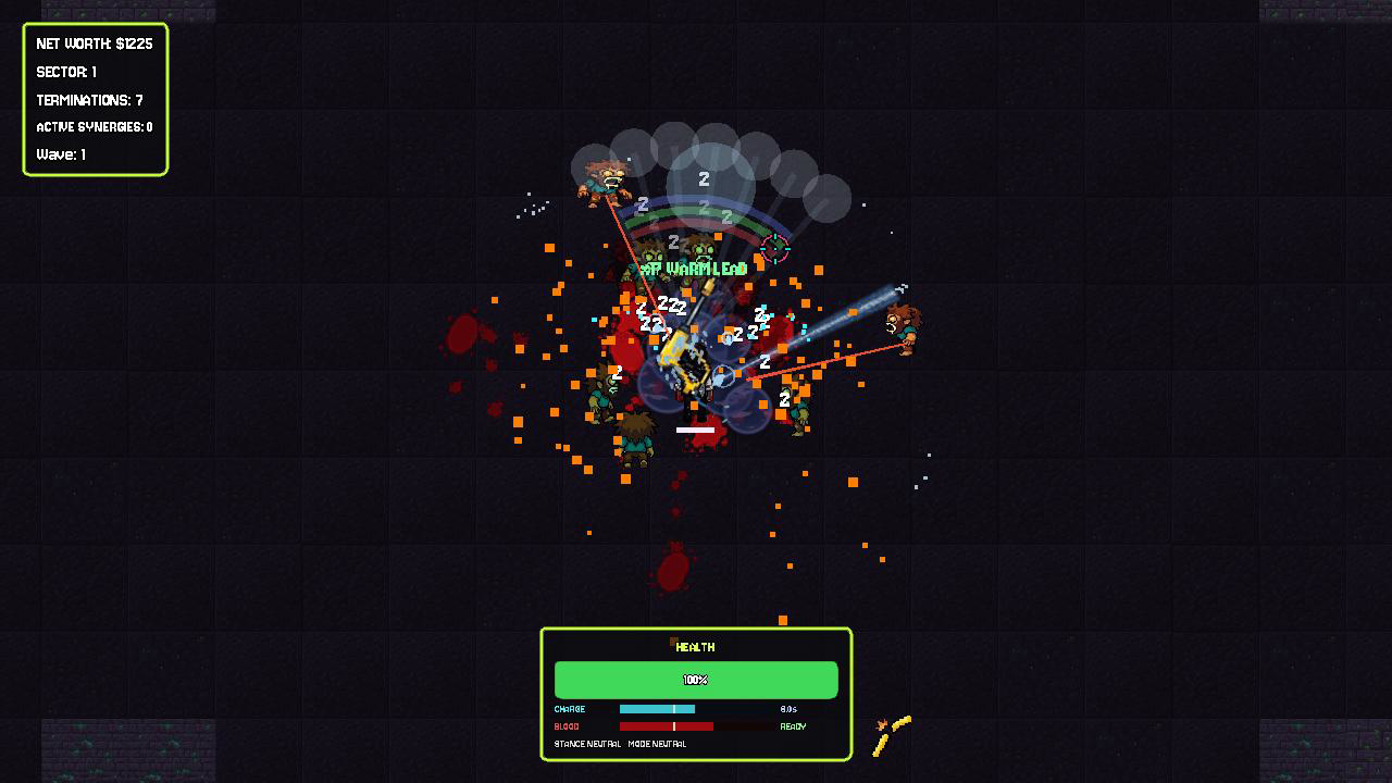 The Pressure Washer spraying a crowd of Rabid Bums in a dark arena, with damage numbers, blood on the floor and a water cloud over the fight.