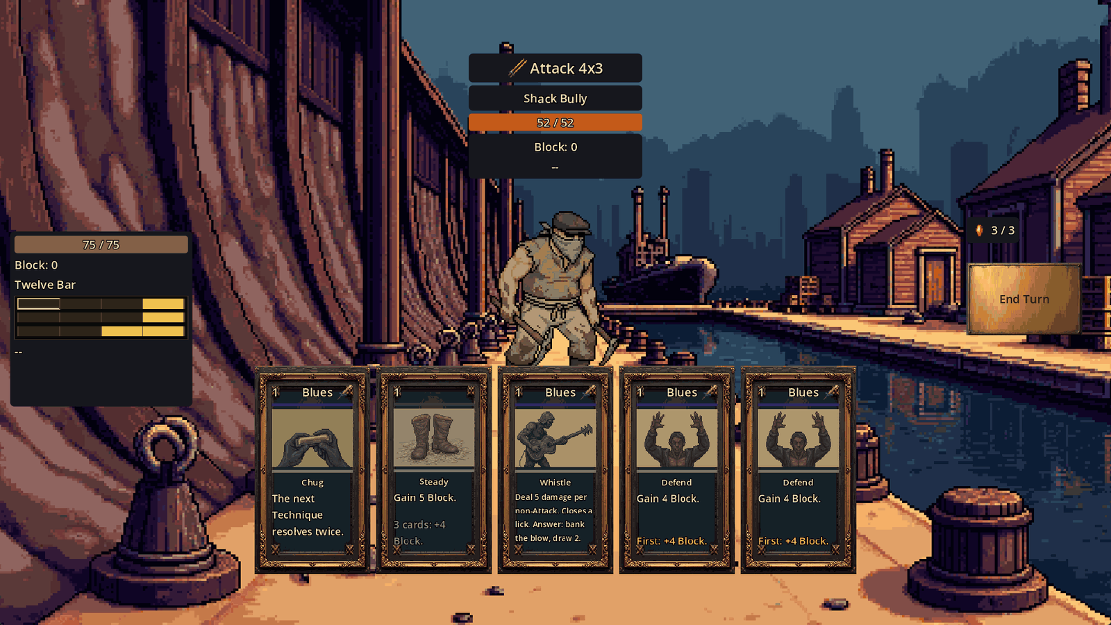 A fight on a canal dock against the Shack Bully, whose intent reads Attack 4x3. The player panel on the left shows a Twelve Bar strip of three rows of four cells, and a counter by End Turn reads 3 / 3.
