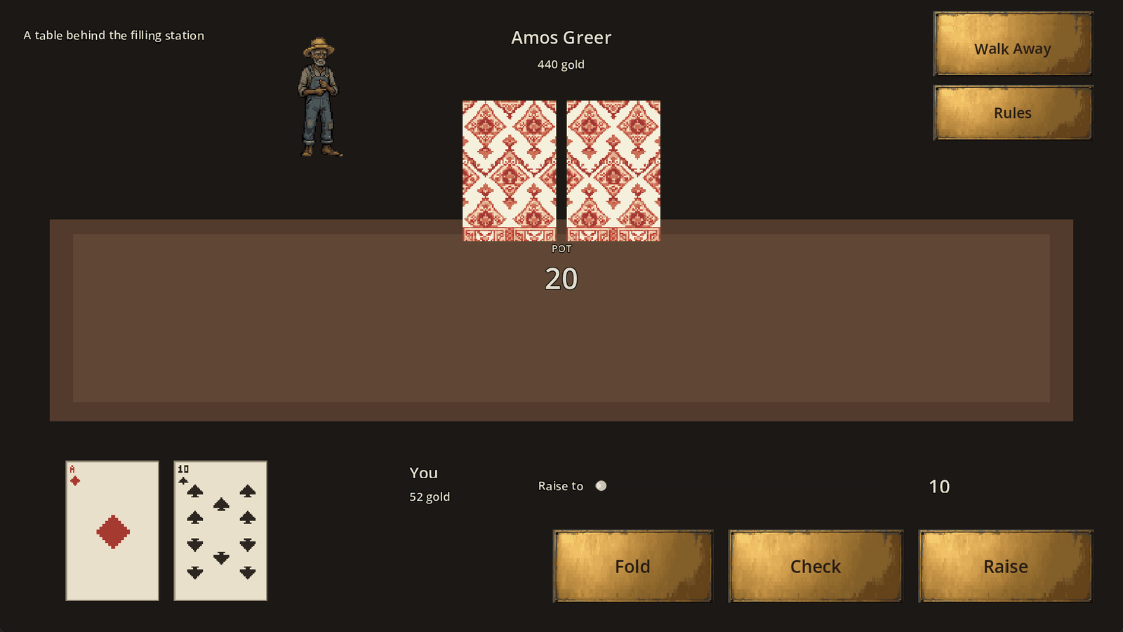 A hand of hold'em at a table behind the filling station against Amos Greer, an old man in a straw hat and overalls. The pot is 20, the player holds the ace of diamonds and ten of spades with 52 gold, and the buttons read fold, check and raise.