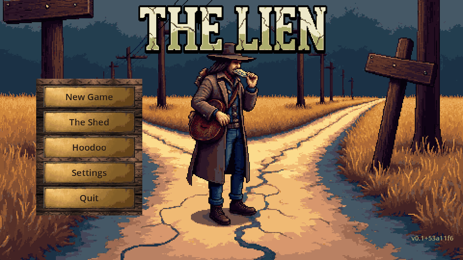 The title screen. THE LIEN in cracked pale letters over a drifter in a wide hat and long coat playing harmonica where a dirt road forks, with the menu on a wooden sign.