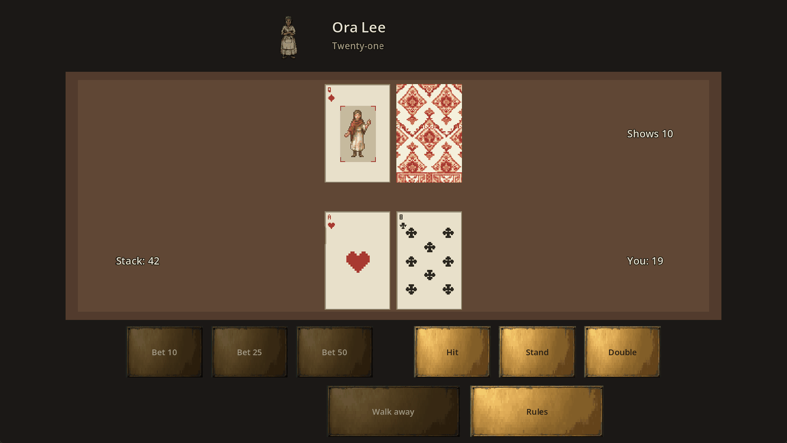 A hand of twenty-one at Ora Lee's table. Her queen of diamonds shows beside a face down card, and the player holds the ace of hearts and eight of clubs for 19, with buttons to bet 10, 25 or 50, hit, stand, double, walk away or read the rules.
